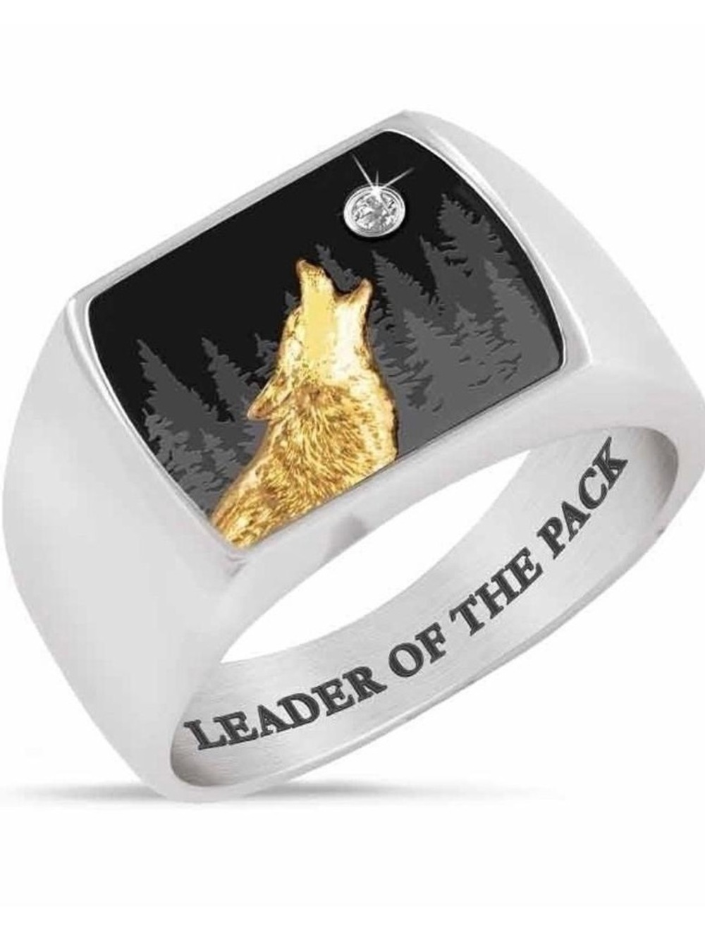 Men's Two-Tone Wolf Howl Ring — Black and Gold Accent